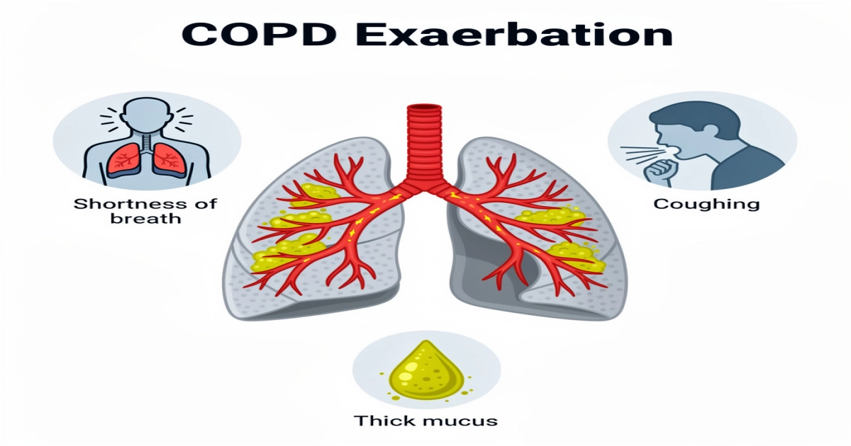 Diagram illustrating a COPD exacerbation: a pair of lungs with inflamed, constricted airways, surrounded by warning icons for increased shortness of breath, coughing, and thickened mucus.