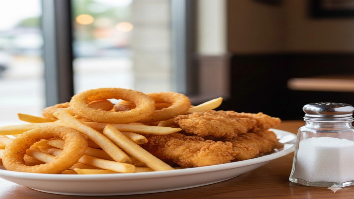 A plate of fried food with a salt shaker next to it.