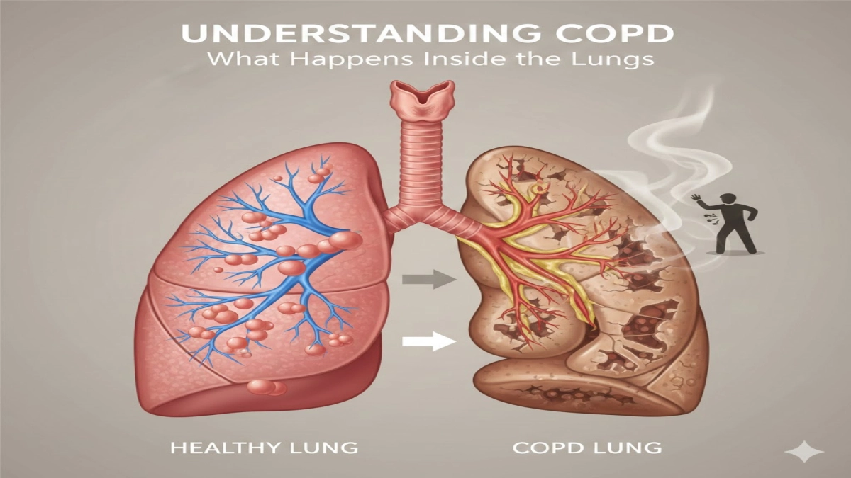 Medical diagram contrasting the anatomy of a healthy lung versus a lung with COPD.