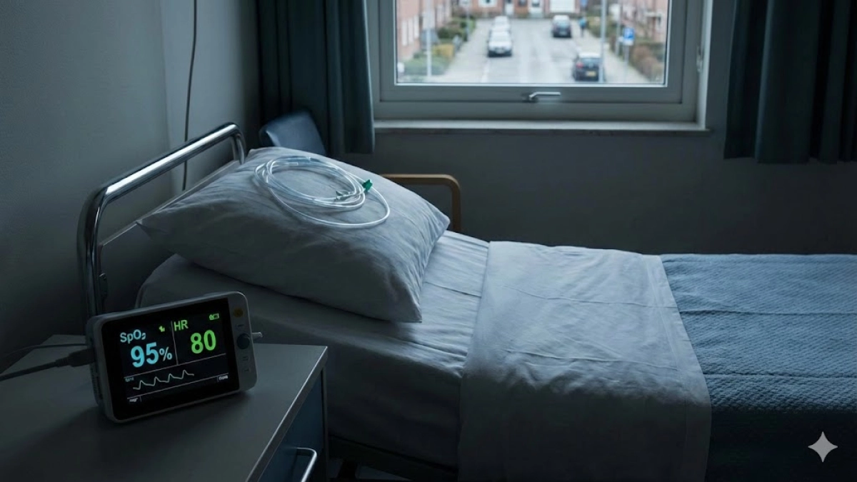 A hospital bed with an oxygen nasal cannula and a small monitor beside it