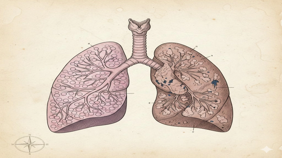 A medical drawing of lungs with one side showing broken air sacs