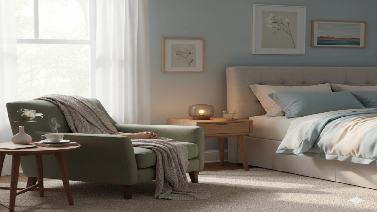 A calm room shows a chair, a window, and gentle light on a small table by the bed