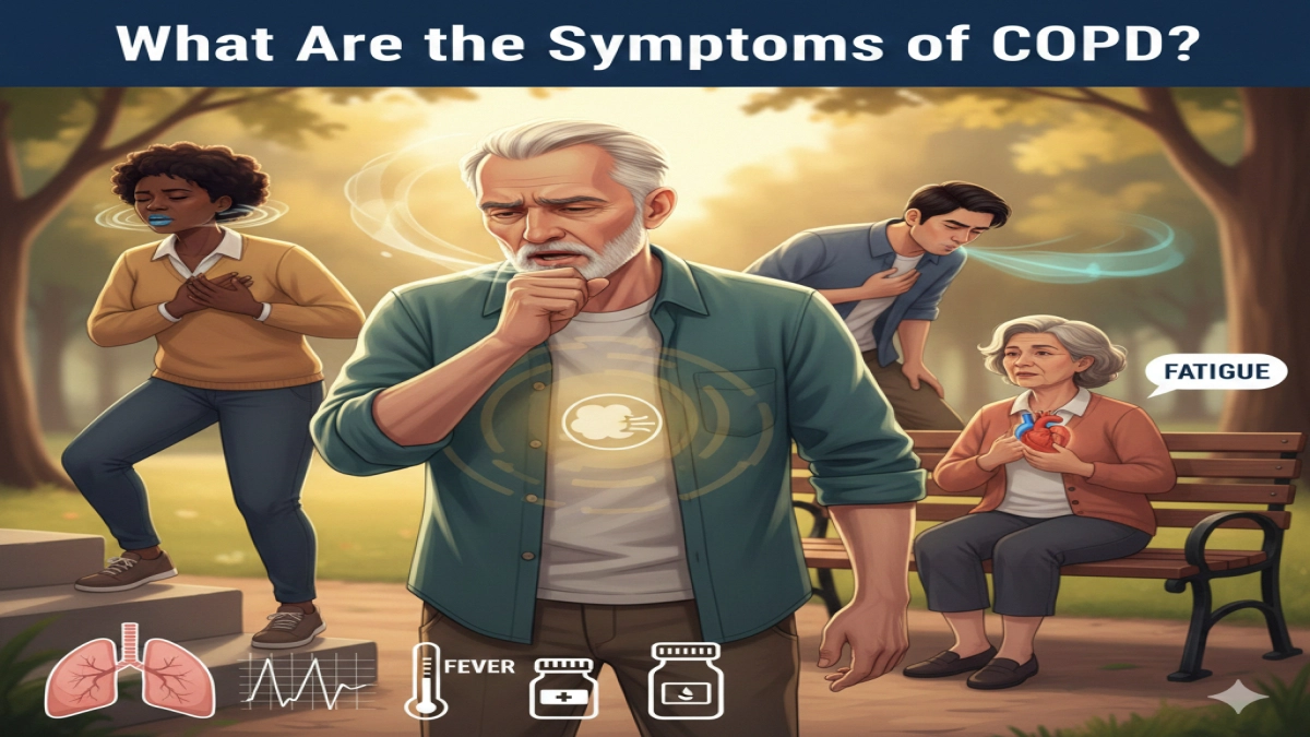 Illustration listing common COPD symptoms, including fatigue and fever.