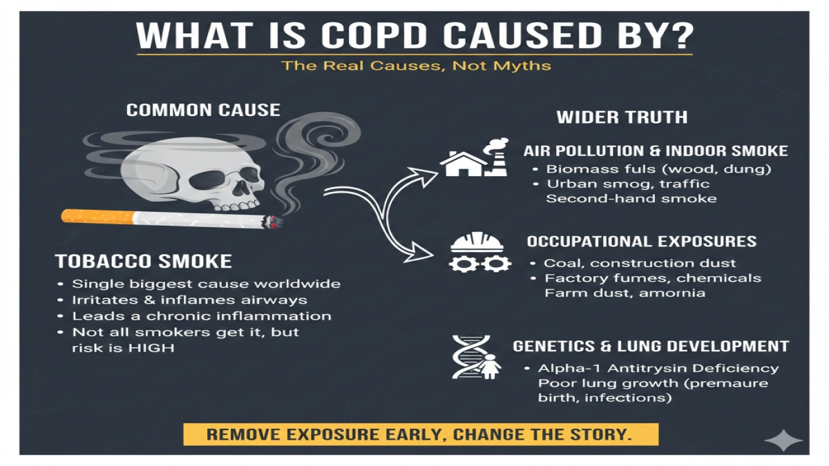 Infographic on true COPD causes: pollution, smoking, occupational dust, genetics, and early exposure removal.