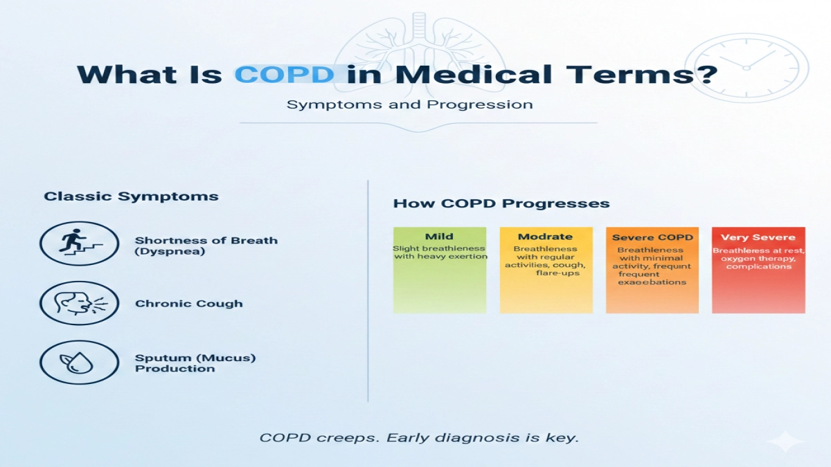 Medical chart defining COPD with symptoms and its progression through four stages of severity.
