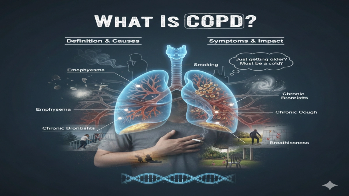 Defines Chronic Obstructive Pulmonary Disease, causes (smoking, emphysema), and symptoms.