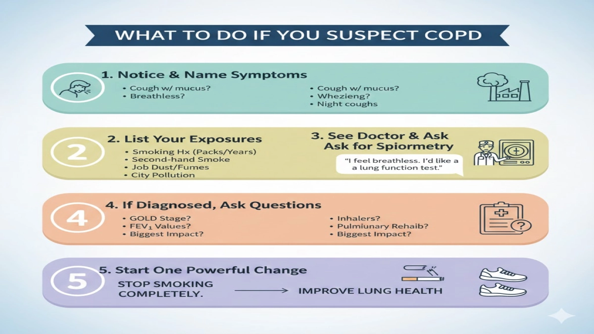 Step-by-step guide: recognizing symptoms, seeing a doctor for spirometry, and starting treatment for COPD.