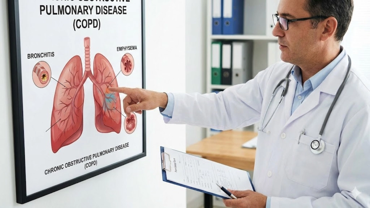A doctor pointing at a lung diagram on a wall chart