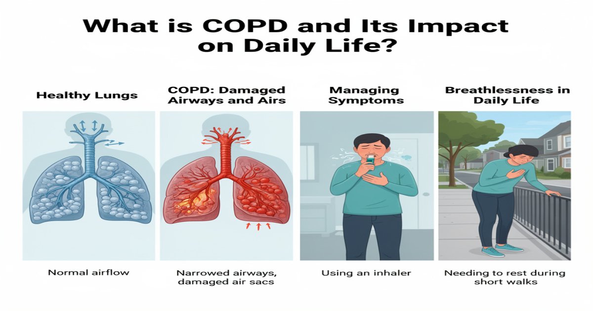 A multi-panel medical diagram titled "What is COPD and Its Impact on Daily Life?" Panel 1 shows normal airflow in healthy lungs. Panel 2 illustrates narrowed airways and damaged air sacs (emphysema) in COPD. Panel 3 depicts a person using an inhaler, and Panel 4 shows the same person pausing to rest while on a short walk, emphasizing how COPD causes breathlessness and reduces functional capacity.