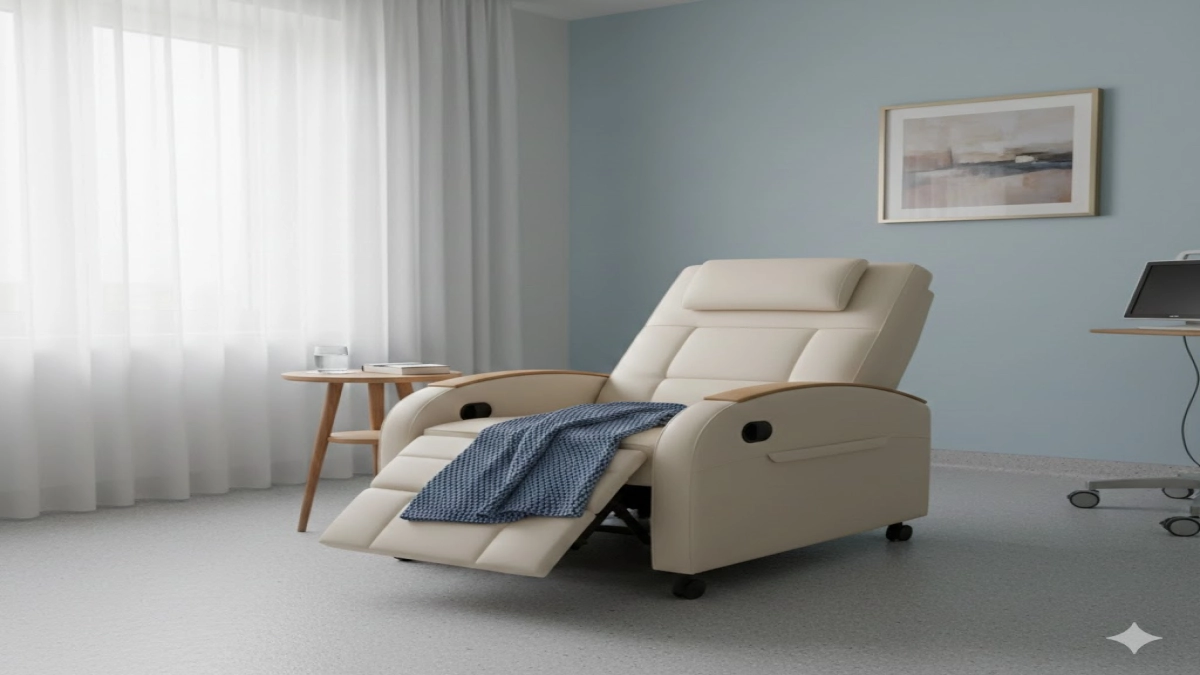 A quiet hospital room with a reclining chair and a folded blanket.