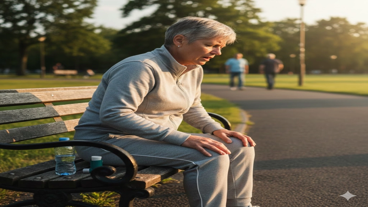 A person sitting on a bench, hands on knees, looking out of breath.