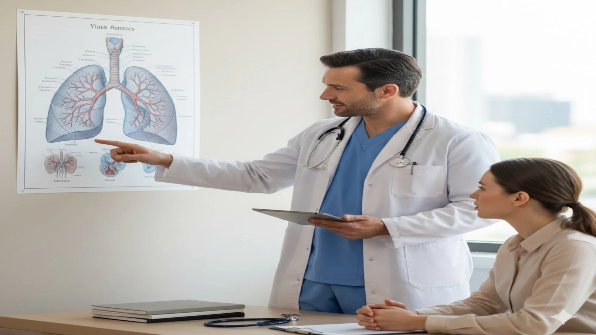 A doctor points at a lung picture on a wall