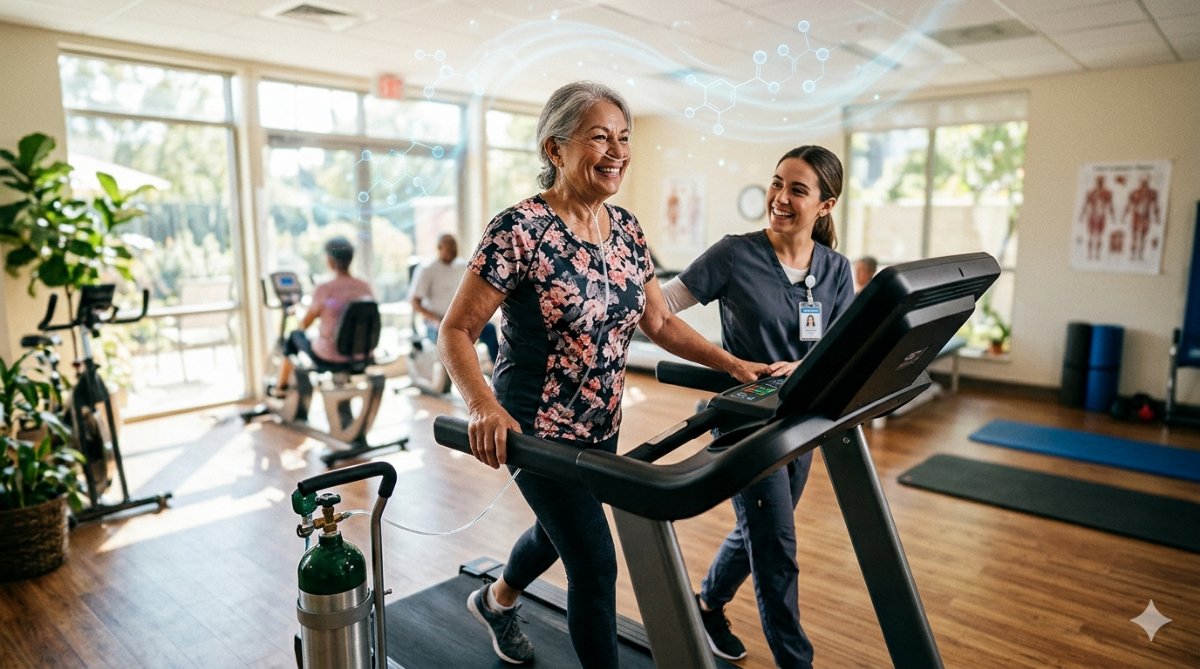 High-resolution (1600x900) editorial photograph of a smiling older adult mid-stride on a treadmill in a sunlit pulmonary rehab clinic, oxygen line visible, a physical therapist gently coaching beside them, with a faint translucent overlay of calming blue molecular shapes drifting in the air to suggest inflammation easing. Warm, hopeful, human, documentary style, sharp focus on the patient's confident expression, optimized for high click-through, no text.