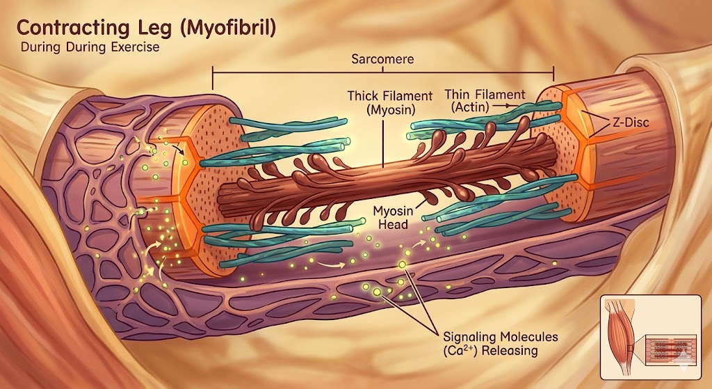 Close-up of a leg muscle fiber contracting during exercise, stylized to show tiny signaling molecules releasing, bright and clean scientific illustration, approachable not clinical, warm lighting.