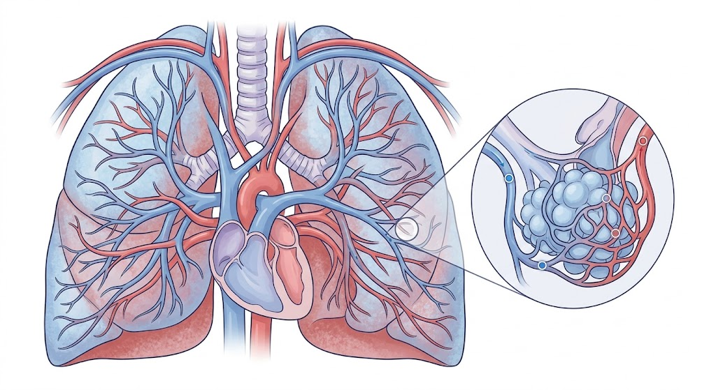 A clear medical illustration showing lungs connected to the bloodstream, with subtle highlighted markers traveling through vessels, clean white background, educational infographic style, soft blues and reds, no text.