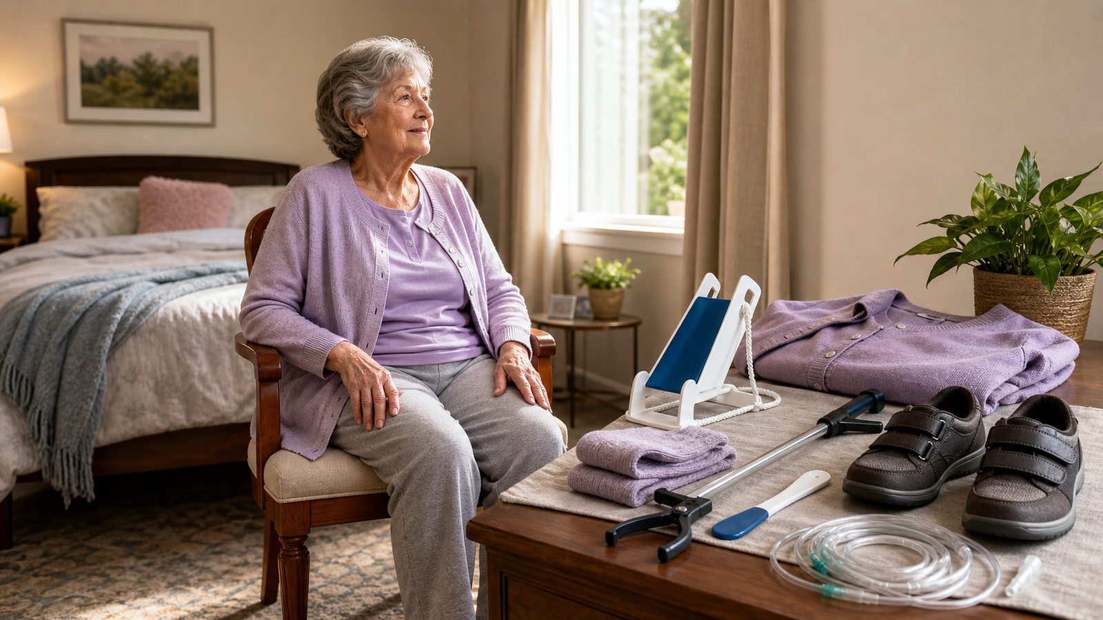 COPD-friendly dressing setup with sock aid, long-handled shoehorn, Velcro shoes, loose clothing, and safely placed oxygen tubing.