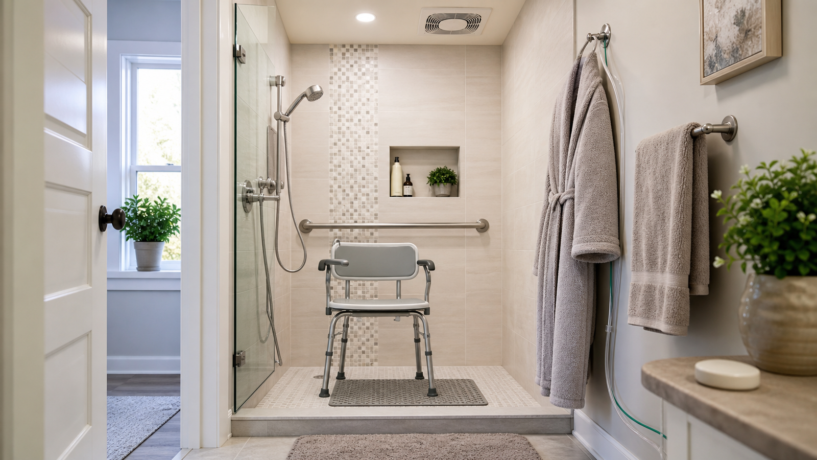 Show a safe COPD-friendly bathroom shower setup: a sturdy shower chair centered inside a clean walk-in shower, handheld shower head, grab bar, non-slip mat, terry robe hanging nearby, bathroom exhaust fan visible or implied, bathroom door slightly cracked to suggest ventilation, and oxygen tubing routed safely along the side away from foot traffic. Bright clean bathroom, warm natural light, calm reassuring mood, sharp focus, editorial healthcare photography style. No person, no text, no logos, no brand names, no watermark. Wide 16:9 composition suitable for a 1200x675 blog featured image.